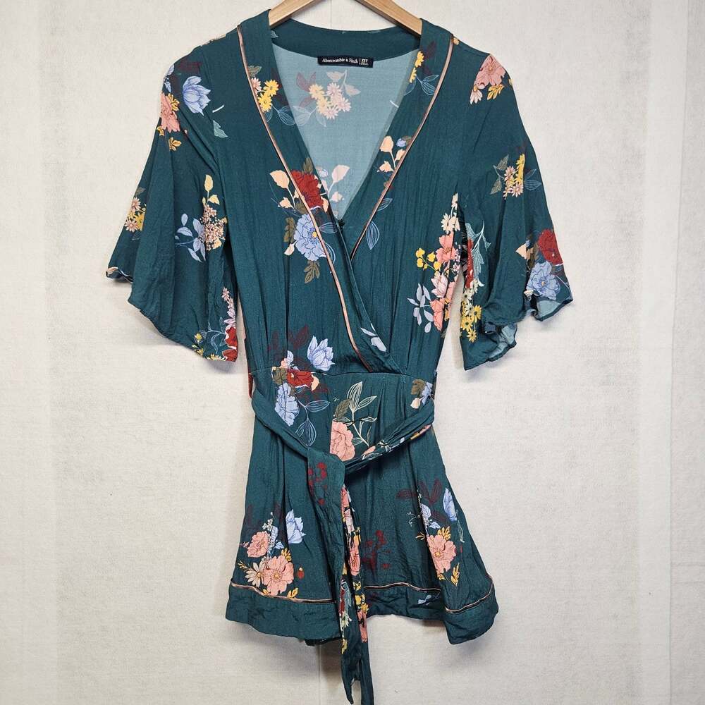 Abercrombie & Fitch Floral Wrap Romper Teal Short Sleeve Tie Waist Size XST